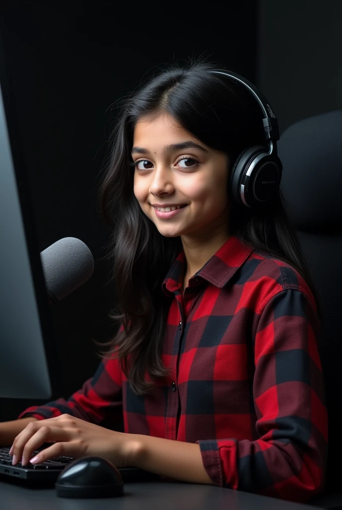 cute indian teen wearing headphone and playing pc game