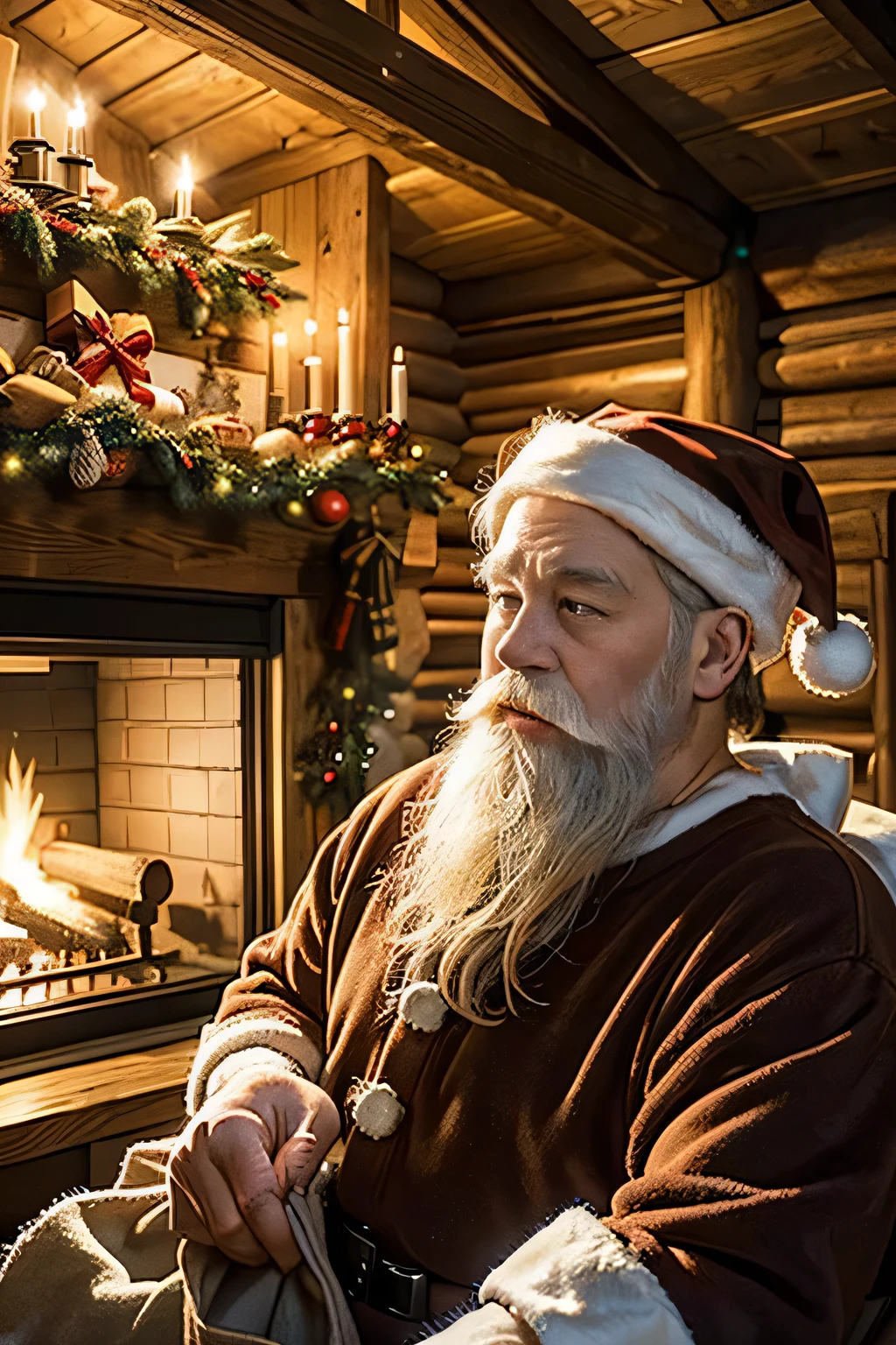 Inside a log house with a fireplace 、 a huge Christmas tree in the living room、   Christmas Night、 (( サンタクロースはプレゼントを運んで歩いている))、Santa Claus is depicted in detail .Focus on Santa Claus 、 Santa Claus is an elderly Scandinavian man with a big white beard、See images of Santa Claus in Japan 