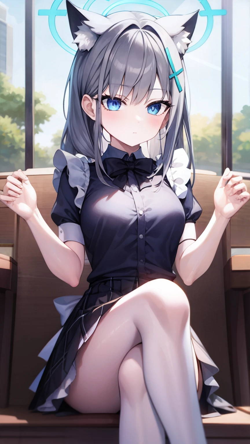  a girl, , Lonely, raise your legs, 长长的hair, skirt, rosa_hair, maid_have, [mira_Take a step back, [mira_It is shown in_mirror of the audience, For bangs, negro_raise your legs, flushed, negro_skirt, He himself , _manga, Clothes_raise, doll_slap, decorate, skirt_raise, What a thing_, raiseed_past_Self-expression, líquido translúcido de_It is shown in后面, maid,  fluffy __manga,  Side lock ,  fluffy _manga, crops_above, blunt_For bangs, , awaExith, What a thing腿, negro_have眼睛, chair, kneel, Frilly_skirt, _Exit, It is shown in室内, window,
