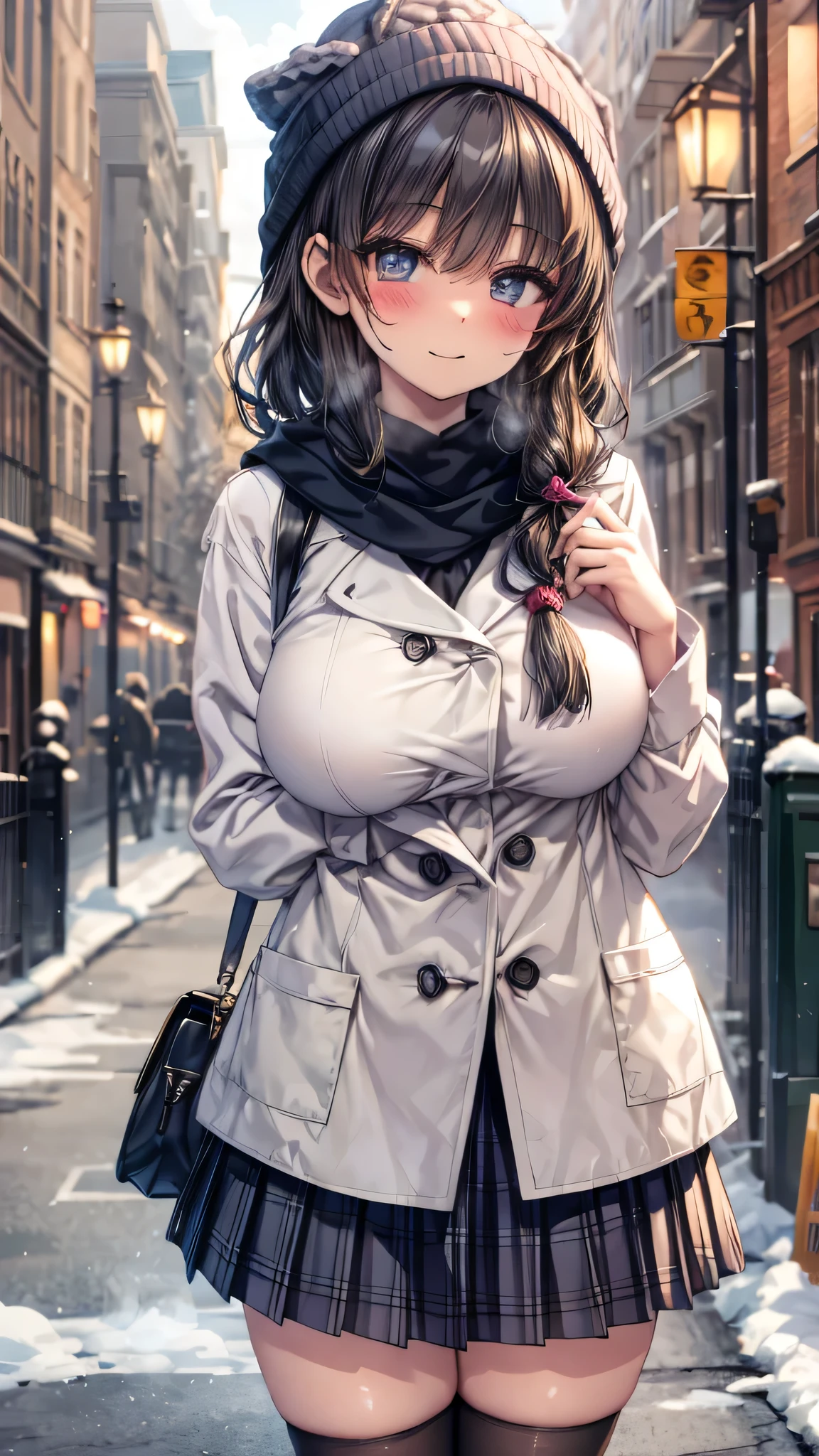 ((masterpiece, sidelighting, finely detailed beautiful eyes: 1.2)), (anatomically collect:1.3), Extremely cute, (extremely detailed beautiful face), (Authentic skin texture:1.4), (outdoor, winter, snowy landscape, snow:1.3), (1 hit school student girl:1.2), (huge breasts:1.4), (slender body:1.2), (short black hair), (duffel coat, woolen scarf, Woolly hat:1.2), (stockings, loafer:1.2), (glasses), (blush cheek:1.4), (shy, happy), (face focus:1.2), school bag, (steam)