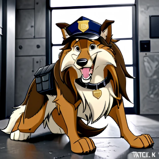 Anthropomorphic furry Long haired rough collie, tactical k-9 armoured vest, black leather collar, chain collar, badge, police baseball cap, drooling saliva, anthro, furry, all fours, very body fur, three tone fur, Looking at viewer, Smile, Open Mouth, Very Long Hair, High Resolution, Accurate, High Quality, Super Detailed, UHD, Detail, 