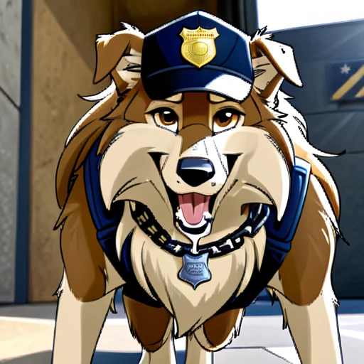 Anthropomorphic furry Long haired rough collie, tactical k-9 armoured vest, black leather collar, chain collar, badge, police baseball cap, drooling saliva, anthro, furry, all fours, very body fur, three tone fur, Looking at viewer, Smile, Open Mouth, Very Long Hair, High Resolution, Accurate, High Quality, Super Detailed, UHD, Detail, 