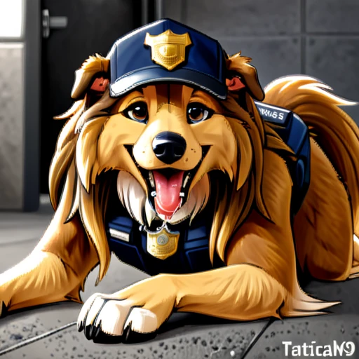 Anthropomorphic furry Long haired rough collie, tactical k-9 armoured vest, black leather collar, chain collar, badge, police baseball cap, drooling saliva, anthro, furry, all fours, very body fur, three tone fur, Looking at viewer, Smile, Open Mouth, Very Long Hair, High Resolution, Accurate, High Quality, Super Detailed, UHD, Detail, 