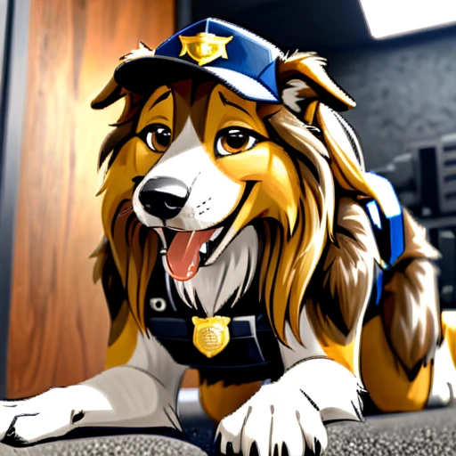 Anthropomorphic furry Long haired rough collie, tactical k-9 armoured vest, black leather collar, chain collar, badge, police baseball cap, drooling saliva, anthro, furry, all fours, very body fur, three tone fur, Looking at viewer, Smile, Open Mouth, Very Long Hair, High Resolution, Accurate, High Quality, Super Detailed, UHD, Detail, 