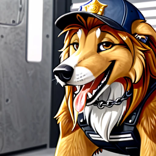 Anthropomorphic furry Long haired rough collie, tactical k-9 armoured vest, black leather collar, chain collar, badge, police baseball cap, drooling saliva, anthro, furry, all fours, very body fur, three tone fur, Looking at viewer, Smile, Open Mouth, Very Long Hair, High Resolution, Accurate, High Quality, Super Detailed, UHD, Detail, 