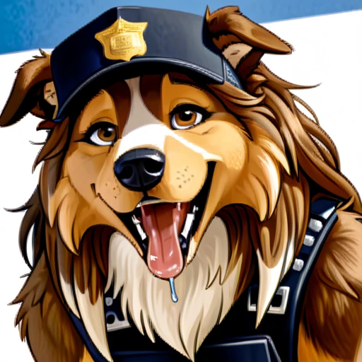 Anthropomorphic furry Long haired rough collie, tactical k-9 armoured vest, black leather collar, chain collar, badge, police baseball cap, drooling saliva, anthro, furry, all fours, very body fur, three tone fur, Looking at viewer, Smile, Open Mouth, Very Long Hair, High Resolution, Accurate, High Quality, Super Detailed, UHD, Detail, 