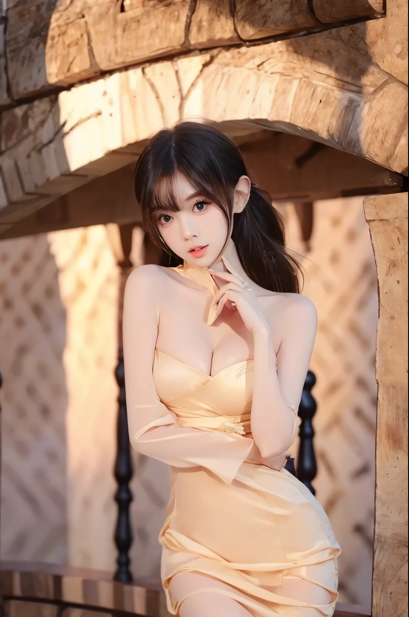  perfect figure beautiful woman：1.4， Highly Detailed Facial and Skin Textures，Double eyelids，Skin Whitening，Evening Dress