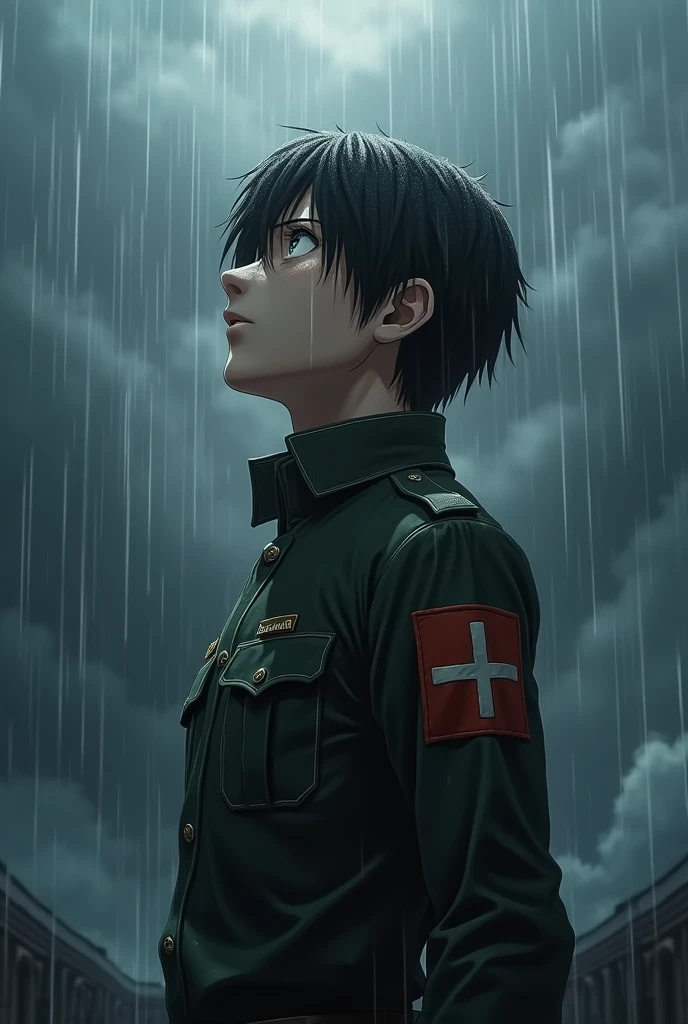 Levi Ackerman of Attack on Titan standing in the rain while looking up at the sky YouTube size 