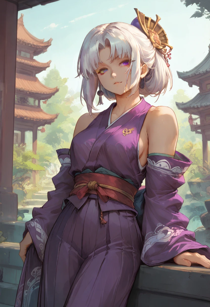 (masterpiece, best quality), 1girl,  YunaX, heterochromia, detached sleeves, japanese clothes, sash, obi, hakama skirt, purple hakama