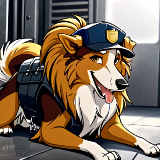 Anthropomorphic furry Long haired rough collie, tactical k-9 armoured vest, black leather collar, chain collar, badge, police baseball cap, drooling saliva, anthro, furry, all fours, very body fur, three tone fur, Looking at viewer, Smile, Open Mouth, Very Long Hair, High Resolution, Accurate, High Quality, Super Detailed, UHD, Detail, 