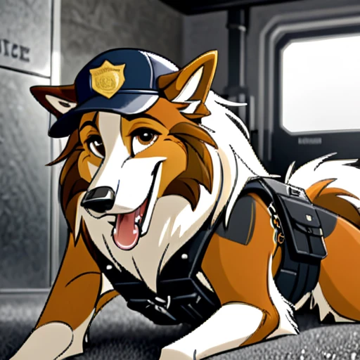 Anthropomorphic furry Long haired rough collie, tactical k-9 armoured vest, black leather collar, chain collar, badge, police baseball cap, drooling saliva, anthro, furry, all fours, very body fur, three tone fur, Looking at viewer, Smile, Open Mouth, Very Long Hair, High Resolution, Accurate, High Quality, Super Detailed, UHD, Detail, 