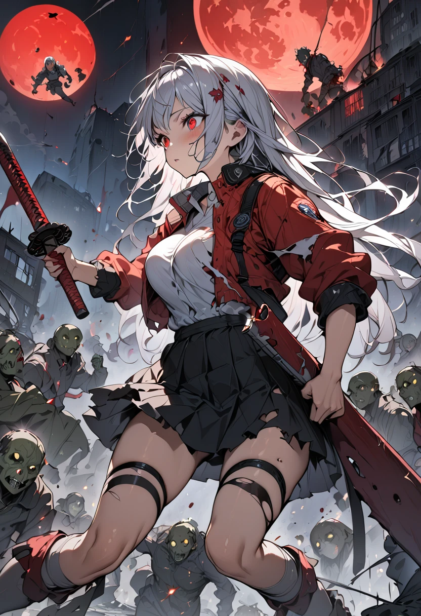  (best quality),(very aesthetic),(ultra-detailed),(best illustration),( highres icon), (beautiful),(masterpiece),(extremely detailed face), A high school girl fighting against a group of zombies in ruins,1girl,Alone,red eyes,silver hair,long hair,big breast,shout,,school uniform,minskirt,thigh-high socks, ankle boots, torn clothes, Holding a katana in hand,mid night, big red moon floating in the night sky, Anatomically Correct , zombies attacking the girl,Multiple Zombies,Abandoned City, Burning City ,sparks are scattered ,A battle taking place in a ruined city, with skyscrapers collapsing,