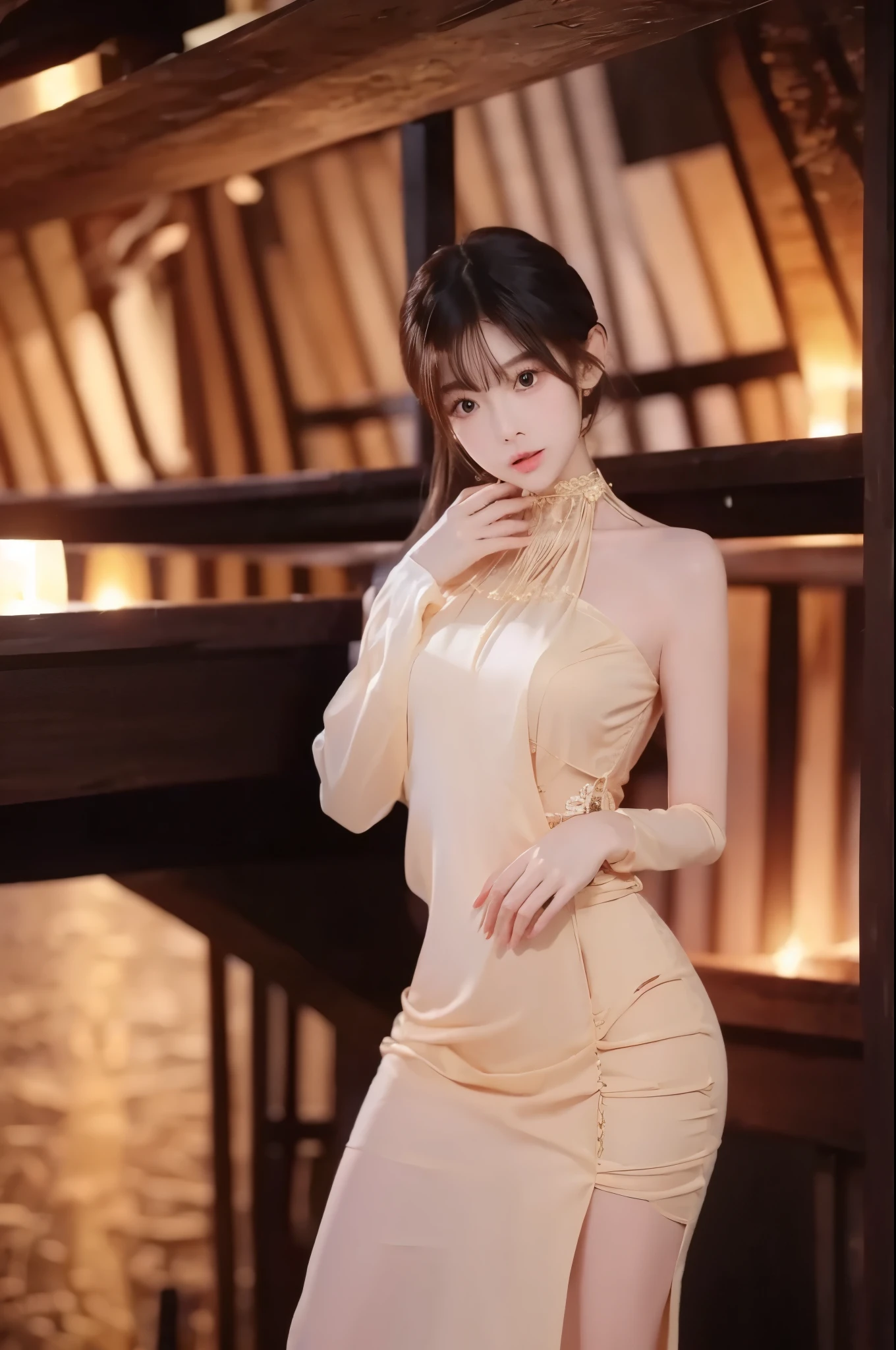  perfect figure beautiful woman：1.4， Highly Detailed Facial and Skin Textures，Double eyelids，Skin Whitening，Evening Dress