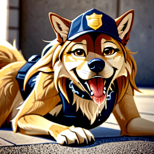 Anthropomorphic furry Long haired Czechoslovakian wolfdog, tactical k-9 armoured vest, black leather collar, chain collar, badge, police baseball cap, drooling saliva, anthro, furry, all fours, very body fur, three tone fur, Looking at viewer, Smile, Open Mouth, Very Long Hair, High Resolution, Accurate, High Quality, Super Detailed, UHD, Detail, 