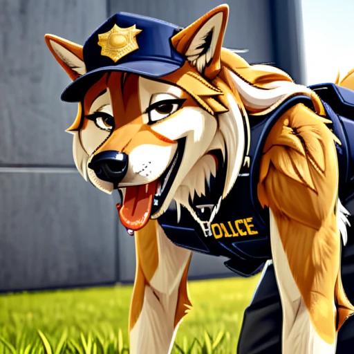 Anthropomorphic furry Long haired Czechoslovakian wolfdog, tactical k-9 armoured vest, black leather collar, chain collar, badge, police baseball cap, drooling saliva, anthro, furry, all fours, very body fur, three tone fur, Looking at viewer, Smile, Open Mouth, Very Long Hair, High Resolution, Accurate, High Quality, Super Detailed, UHD, Detail, 