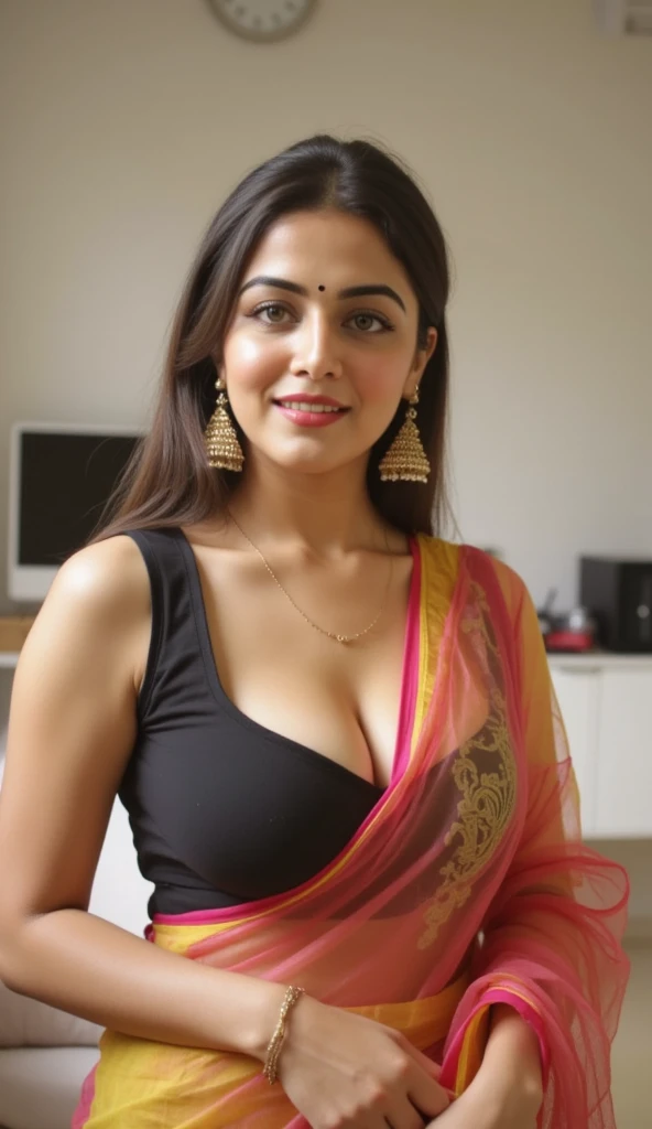 Hot and sexy woman, gigantic breasts, cleavage, wore stylish and design hot and sexy yellow and pink colour saree (printed Design), standing in laboratory (afternoon time), standing & model pose, beautiful body, masterpiece, ultra realistic,detailed, 16 k , Film type light, potrait photography,camera angle front, looking at viewer,(cinematic:1.3), intricate details, (ArtStation:1.2)