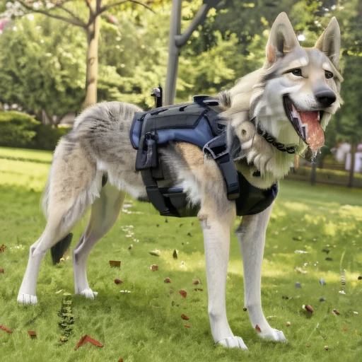 Anthropomorphic furry Long haired Czechoslovakian wolfdog, tactical k-9 armoured vest, black leather collar, chain collar, badge, police baseball cap, drooling saliva, anthro, furry, all fours, very body fur, three tone fur, Looking at viewer, Smile, Open Mouth, Very Long Hair, High Resolution, Accurate, High Quality, Super Detailed, UHD, Detail, 