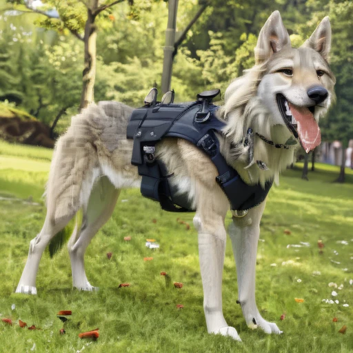 Anthropomorphic furry Long haired Czechoslovakian wolfdog, tactical k-9 armoured vest, black leather collar, chain collar, badge, police baseball cap, drooling saliva, anthro, furry, all fours, very body fur, three tone fur, Looking at viewer, Smile, Open Mouth, Very Long Hair, High Resolution, Accurate, High Quality, Super Detailed, UHD, Detail, 