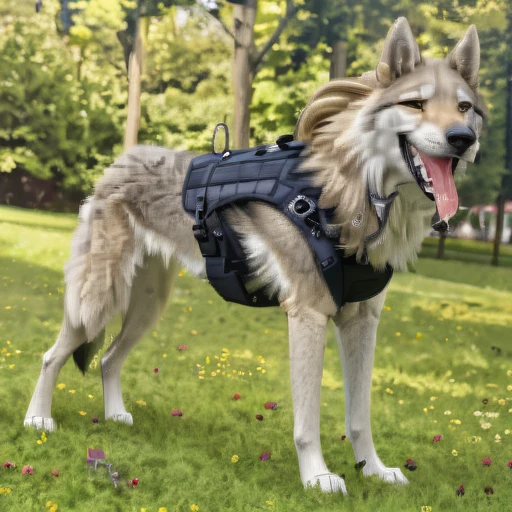 Anthropomorphic furry Long haired Czechoslovakian wolfdog, tactical k-9 armoured vest, black leather collar, chain collar, badge, police baseball cap, drooling saliva, anthro, furry, all fours, very body fur, three tone fur, Looking at viewer, Smile, Open Mouth, Very Long Hair, High Resolution, Accurate, High Quality, Super Detailed, UHD, Detail, 