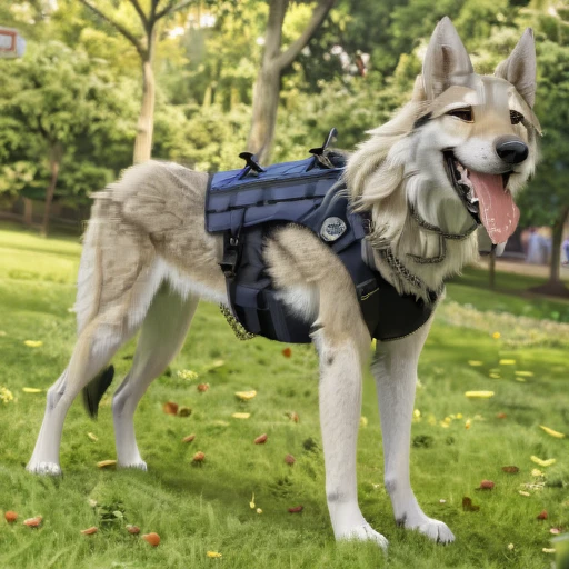 Anthropomorphic furry Long haired Czechoslovakian wolfdog, tactical k-9 armoured vest, black leather collar, chain collar, badge, police baseball cap, drooling saliva, anthro, furry, all fours, very body fur, three tone fur, Looking at viewer, Smile, Open Mouth, Very Long Hair, High Resolution, Accurate, High Quality, Super Detailed, UHD, Detail, 