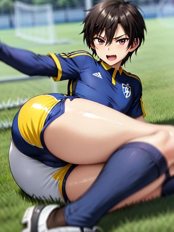 (((  Official Art  ,Ultra-thin illustration,   high definition  ,   debris flies, 最  High Quality  ,最  High Quality  ,)))  High Quality  ,   Details, (  little guys  ),,(((Alone)))、   super cute young ace striker male idol , Beautiful Boy　Planning ,   handsome face with a cool smile  , Soccer cleats ,   long legs  , Thighs, Foot , No bulge  , ( blondes、  short hair)、 Dark Skin 、 shiny hair, (  tight, shiny random color soccer uniform), (  Tight and Shiny Soccer Shorts  ), (  soccer socks  ),  Lawn area ,   cool pose, (厚いThighs、  your big butt will seduce you  )、(((  soccer field in the park  )))、((Cheeky、))、 Green 、  feet , Ultrafine paint , (最  High Quality  , In 4K, 8k,    high definition  ,   debris flies:1.2),  service shot  、((  Detailsな目:1.2))、 Show off your big butt  、 proud butts 、