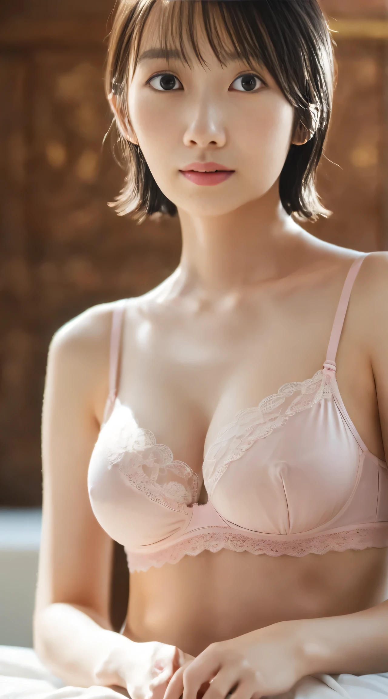  Photorealisticistic beautiful female teacher、29 years old、expensive、 amazingly beautiful 、 beautiful body、( top quality、8k、32K、masterpiece、 NFFS:1.3)、 super high resolution ,( Photorealistic:1.4), RAW photos ,  detailed face ,,Beautiful Hair,  Very Short Hair、 natural makeup that makes the suit shine,,   small perfect breasts set  ,  wet hair、 Detailed Background ,  Deep Border ,   Beautiful Shadow Gradation 、Thin limbs、 thin thighs 、(whole body)、 No pubic hair、 sit on the floor、、Side View、( Art )、 pink lingerie with lace、 pink bra、 pink panties、Busty、 shortcut、Delicate and slender、