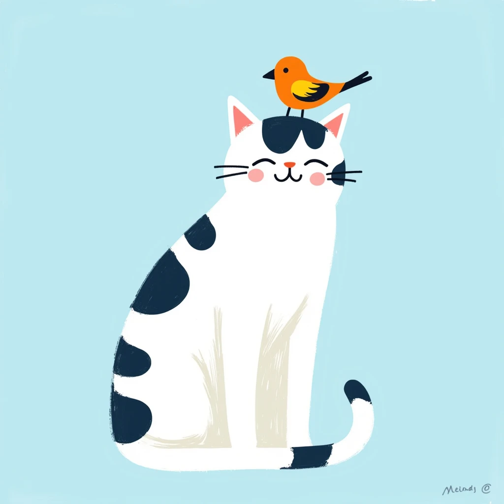 The image is a painting of a cat with a small bird perched on its head. The cat is white with black and blue stripes on its body. The bird is orange and yellow with a black beak and wings. It is facing towards the right side of the image. The background is a light blue color. The painting is done in a whimsical, cartoon-like style with loose brushstrokes. The overall mood of the painting is playful and playful.
