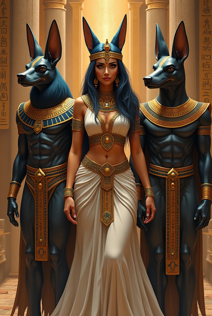 Anubis and two women in a room, hiperrealista