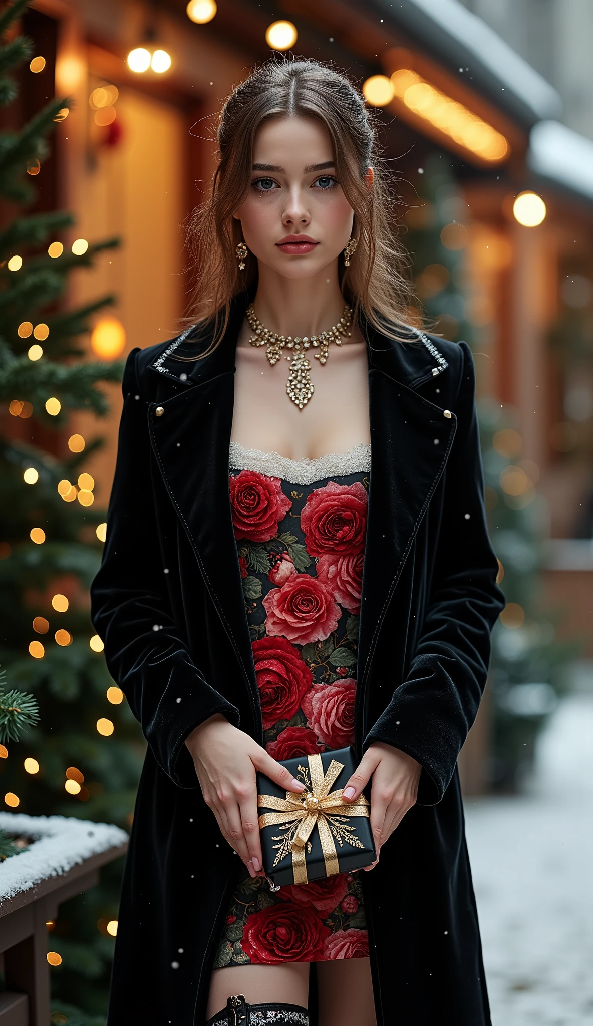 A Full body shot in a Cinematic style of a super cute skinny anorexIc Russian teen model, cefp editorial fashion photograph of a haute couture model wearing a skin tight Black, red and cream white latex gown outside in a Christmas market, soft worm light snow in air, ((the Black, red and cream white dress has red an white Latex pink Roses details)),  long black coat over here dress, high leather  Boots with platform high heels showing here super skinny long legs, Slim skinny supermodel body, Super long skinny legs, (Skinny slim waist hourgass figure), she is holding an black and gold christmas present in here hands, lit christmas tree in the background with lots of gold and black details, she got super detailed skin, oily wet skin, Lots of intrcate details on the dress, gold glitter on the face and body, gold glittery make up, super long eye lashes, lots gold jewelry, gold choker, gold and diamond arm rings, diamond necklace, dramtic lighting, posing dramatically, colorful turquoise, Black, pink mint green and red colors, wide angel cowboy shot, (full body shot showing legs and boots),  
