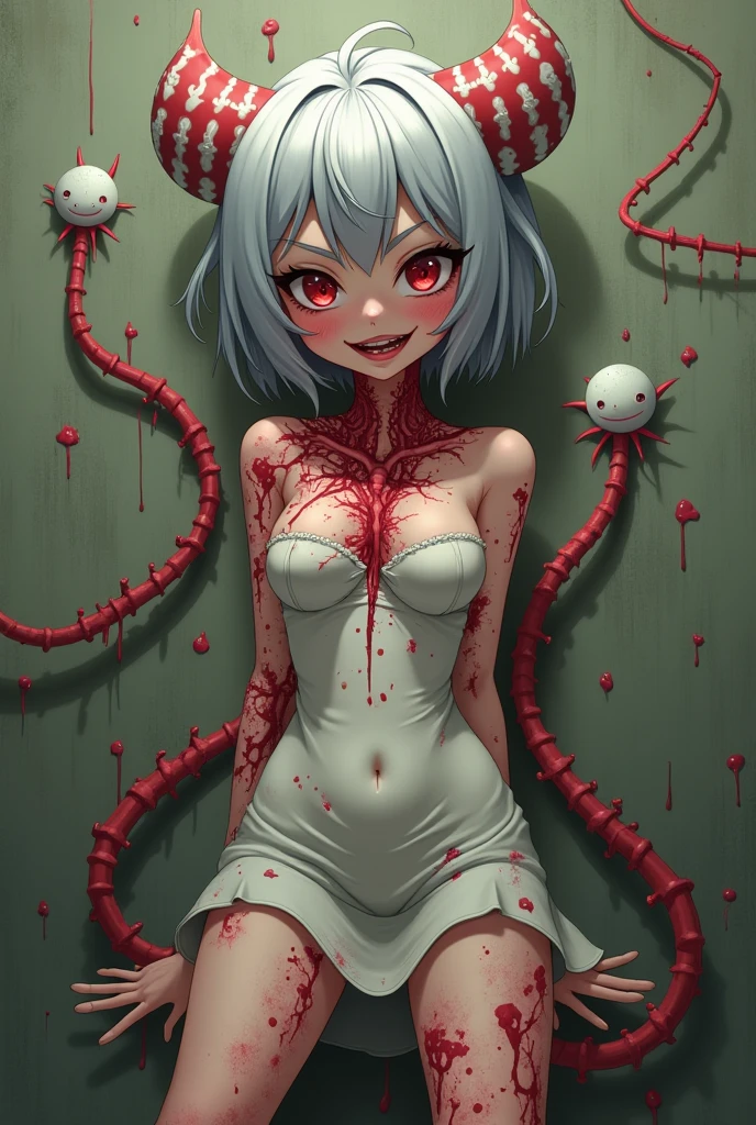 ((Best masterpiece, Perfect quality, Ultra detailed)), ((Grotesque, Fleshy, Bloody, Parasitism)), ((Wounds, Cysts, Blisters, Tumors, Organs, Spines, Mucus)), A skinny girl, With slender body, With small breasts, With light gray hair, With worn out fabric, She was parasitized. Chrysalises are writhing inside her body. Scratched body, Teared skin, Decayed limbs, Mutated limbs, Bloody wounds, Lacerated mouth, Parasites, Infection, Infesting, Surrendered, Corrupted