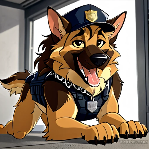 Anthropomorphic furry Long haired German shepherd, tactical k-9 armoured vest, black leather collar, chain collar, badge, police baseball cap, drooling saliva, anthro, furry, all fours, very body fur, three tone fur, Looking at viewer, Smile, Open Mouth, Very Long Hair, High Resolution, Accurate, High Quality, Super Detailed, UHD, Detail,1boy