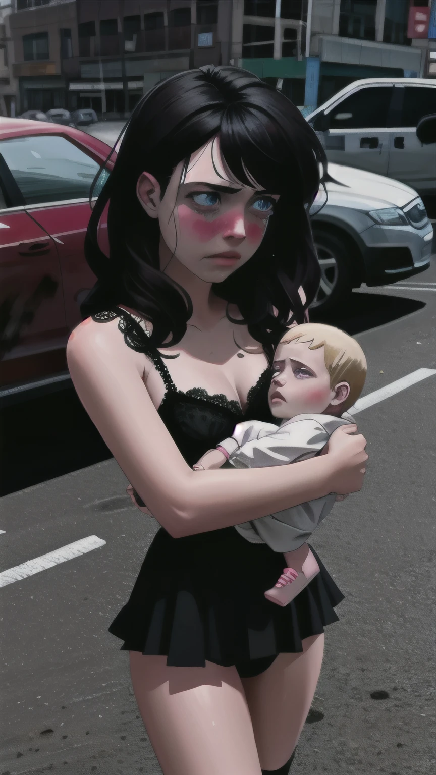 brutal, rough sex, pov, sad, crying, tears, public indecency, lingerie, bruised eye, blood, (teenage mother holding very sad baby girl, presenting), eye contact, partially open clothes, thighs, post-apocalypse,