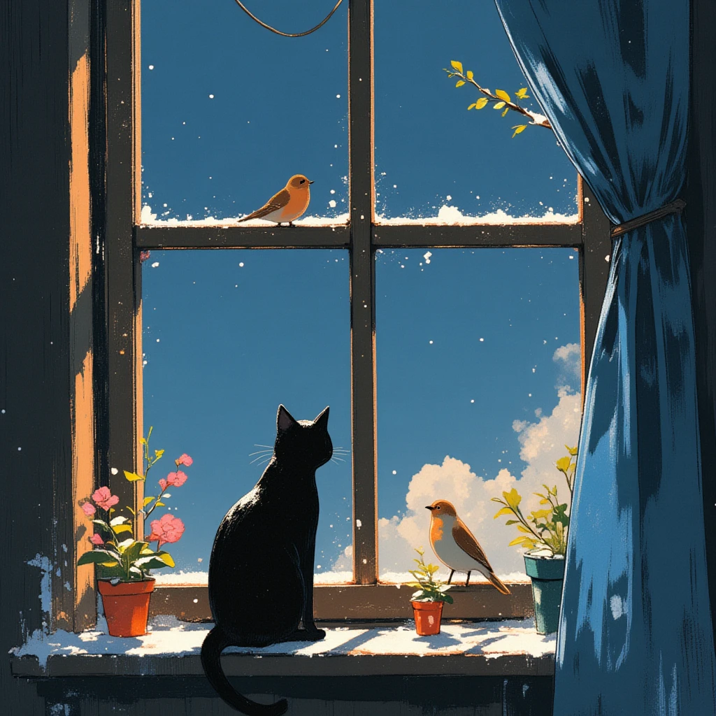 The image is a painting ,shows a window with a black cat and two orange birds sitting on the window sill. The window is covered with snow and there is a blue curtain hanging on the right side of the window. The cat is looking out the window with its black and white fur and is surrounded by two small potted plants and a pink flower. The birds are brown, orange, and white and appear to be birds of different sizes. The background is a dark blue sky with white clouds. The overall mood of the image is peaceful and serene.