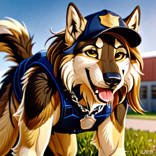 Long haired wolfdog, tactical k-9 armoured vest, black leather collar, chain collar, badge, police baseball cap, drooling saliva, anthro, furry, all fours, very body fur, three tone fur, Looking at viewer, Smile, Open Mouth, Very Long Hair, saddleback tan and white High Resolution, Accurate, Masterpiece, Anatomically Correct, Best Quality, Award Winning, Detail, High Details, HD, High Quality, Quality, Super Detailed, UHD, 