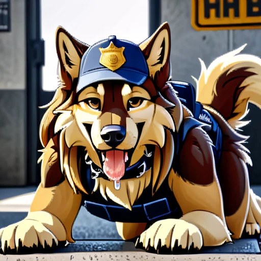 Long haired wolfdog, tactical k-9 armoured vest, black leather collar, chain collar, badge, police baseball cap, drooling saliva, anthro, furry, all fours, very body fur, three tone fur, Looking at viewer, Smile, Open Mouth, Very Long Hair, saddleback tan and white High Resolution, Accurate, Masterpiece, Anatomically Correct, Best Quality, Award Winning, Detail, High Details, HD, High Quality, Quality, Super Detailed, UHD, 