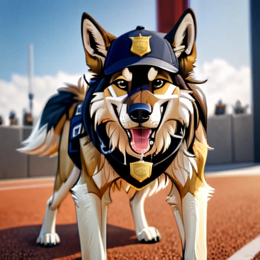 Long haired wolfdog, tactical k-9 armoured vest, black leather collar, chain collar, badge, police baseball cap, drooling saliva, anthro, furry, all fours, very body fur, three tone fur, Looking at viewer, Smile, Open Mouth, Very Long Hair, saddleback tan and white High Resolution, Accurate, Masterpiece, Anatomically Correct, Best Quality, Award Winning, Detail, High Details, HD, High Quality, Quality, Super Detailed, UHD, 