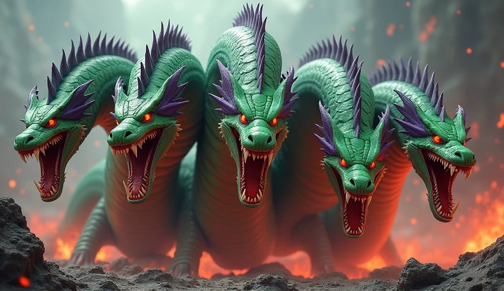 Hydra, false hydra, gigantic mass of flesh with (many heads:1.3), (blind, snarling, brownish gray:1.1), (very long necks:1.3), open roaring mouths, huge jagged teeth, enraged, nighttime