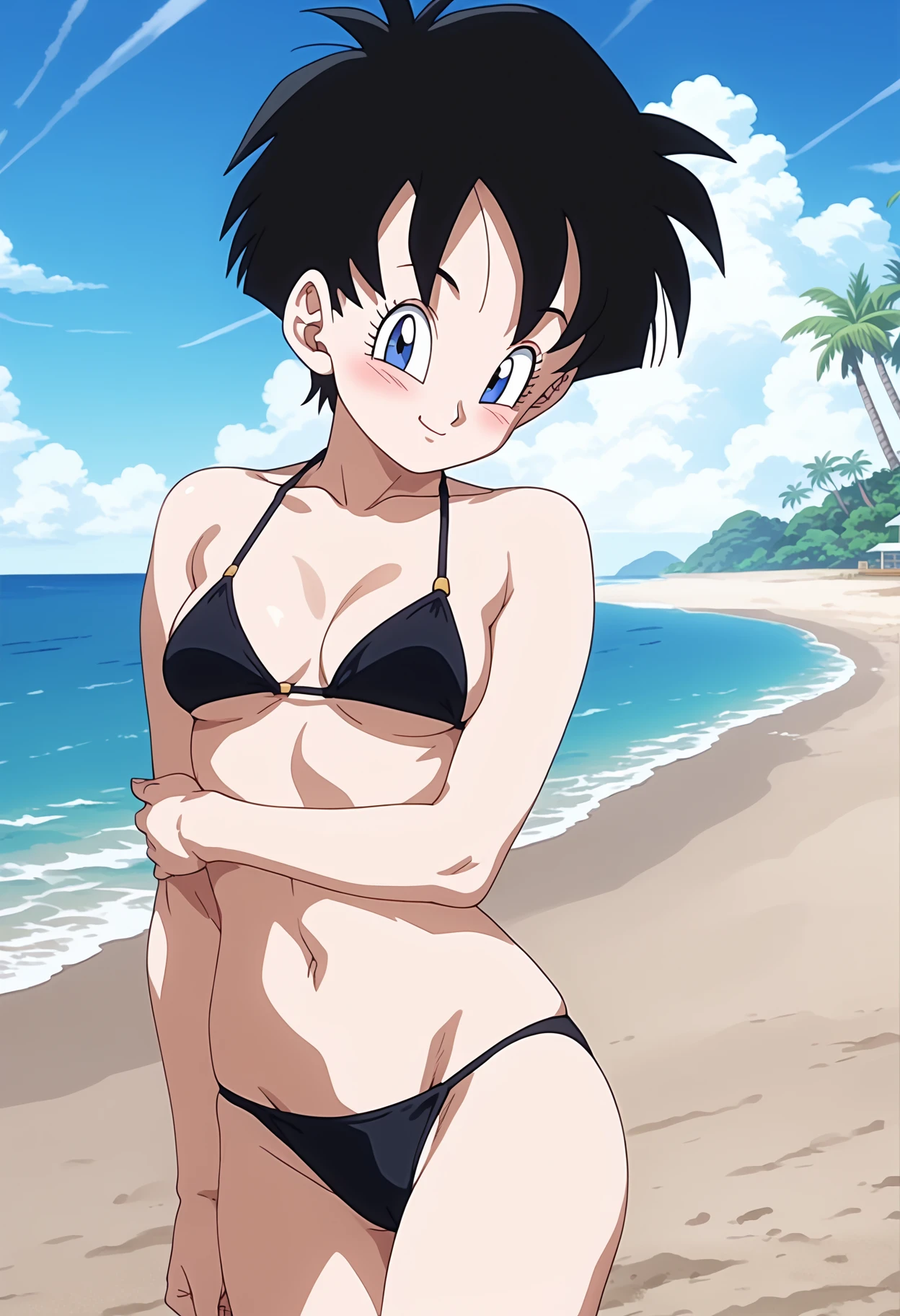 score_9, score_8_up, score_7_up, anime screencap, BREAK
1girl, videl, black hair, short hair, blue eyes, 
black bikini, 
smile, blush, looking at viewer, solo, sea, sand, blue sky, tropical island background    