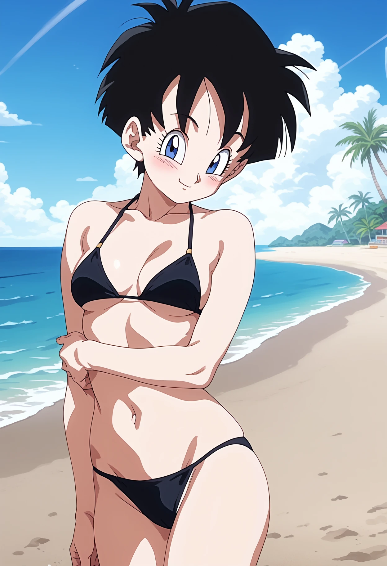 score_9, score_8_up, score_7_up, anime screencap, BREAK
1girl, videl, black hair, short hair, blue eyes, 
black bikini, 
smile, blush, looking at viewer, solo, sea, sand, blue sky, tropical island background    