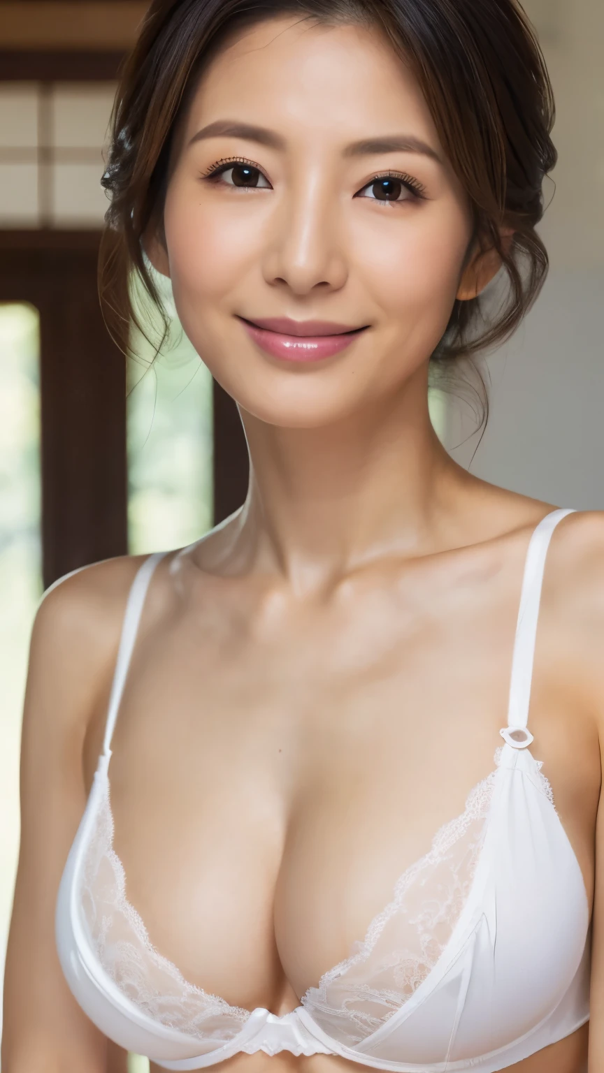 is in high definition , is in high definition , 8k,Shooting with Leica、 attention to detail , Masterpiece , skin、 detailed face 、 anatomically accurate , sharp, gray background (( Japanese mature, Beauty Witch )), Alone, (( facial wrinkles、50 Human Resources )), small breasts, straight black hair that reaches the shoulder, skinny ((( Stand upright, look at the center of the screen .))), small mole around the left eye 、Future Outlook, (( white bra、 white panties)),smile