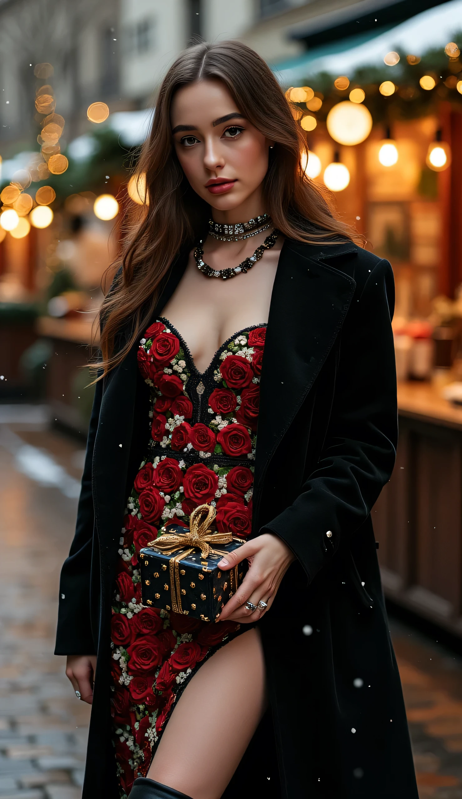 A Full body shot in a Cinaematic style of a super cute Russian teen model, cefp editorial fashion photograph of a haute couture model wearing a skin tight Black, red and cream white latex gown outside in a Christmas market, soft worm light snow in air, ((the Black, red and cream white dress has red an white Latex pink Roses details)),  long black coat over here dress, high leather  Boots with platform high heels showing here super skinny long legs, Slim skinny supermodel body, Super long skinny legs, (Skinny slim waist hourgass figure), she is holding an black and gold christmas present in here hands, lit christmas tree in the background with lots of gold and black details, she got super detailed skin, oily wet skin, Lots of intrcate details on the dress, gold glitter on the face and body, gold glittery make up, super long eye lashes, lots gold jewelry, gold choker, gold and diamond arm rings, diamond necklace, dramtic lighting, posing dramatically, colorful turquoise, Black, pink mint green and red colors, full body shot showing legs and boots,  
