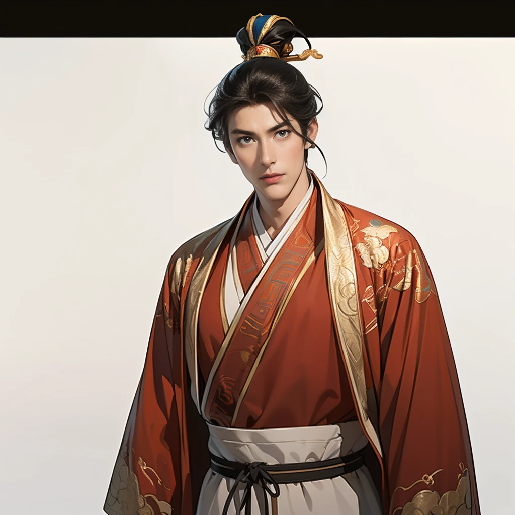 ( top quality,4K,8k, high definition ,masterpiece:1.2),super detailed,(super fine illustration),((( ONE 20 YEAR-OLD MAN DRAWED IN ANIME STYLE ILLUSTRATION ))),Heroes of the Three Kingdoms, neutral face :1.3, confident expression,(( PERFECTLY SET WITH LONG BLACK HAIR AND HANGING BANKS,VERY SEXY MAN )), detailed eyes :1.2, perfect eyes,(( Attractive Dark Eyes )),( well-trained body, thin macho),cinematic lighting, spotlight, soft shadows,((I'm making you open my chest:1.2, ancient Chinese red costume with fine embroidery down to the art that makes you open your chest:1.3,dynamic pause:1.2)),(( cowboy shot :1.2)),(( white background:1.3,simple background:1.2)),( standing:1.3, depicting everything from the tip of the head to above the knee :1.3)