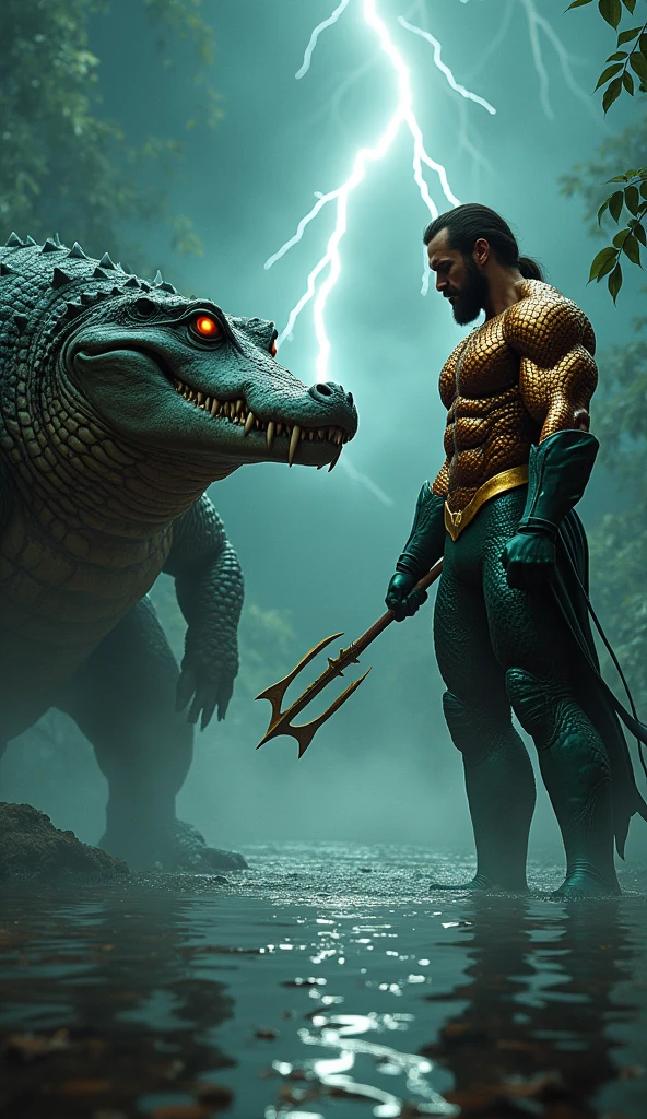 The muscular bodybuilder realistic daddy wearing black pent coat and matching tie cat kicks the giant realistic seahorse on the face, causing it to and mouth bleeding visible in the water. The seahorse is stunned, and the water around them is tinted red from the seahorse’s injury.