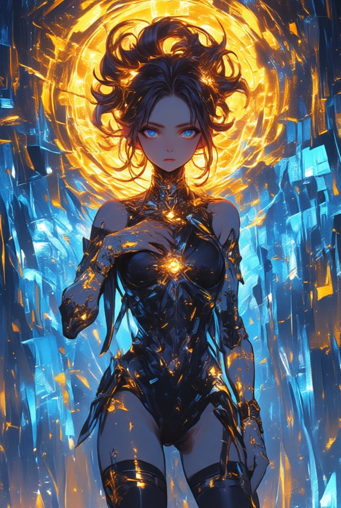 (best quality, masterpiece:1.3), illustration, ((beautiful detailed face)), beautiful detailed skin, intricate details, ultra detailed, (woman ANGEL-jinx loira sexy decote lindo : armor), SHARINGAN eyes, BLACK AND FIRE hair ESPETADO raspado fino , (worried face:1.2), eye contact, standing in front of gold blue ice neon  wall, (down focus:1.1), detailed eyes, detailed hands, hands on own body, black stockings, touched face, sacred face, benevolent face, idea face, pouty lips, beautiful detailed eyes, tall, full shot,