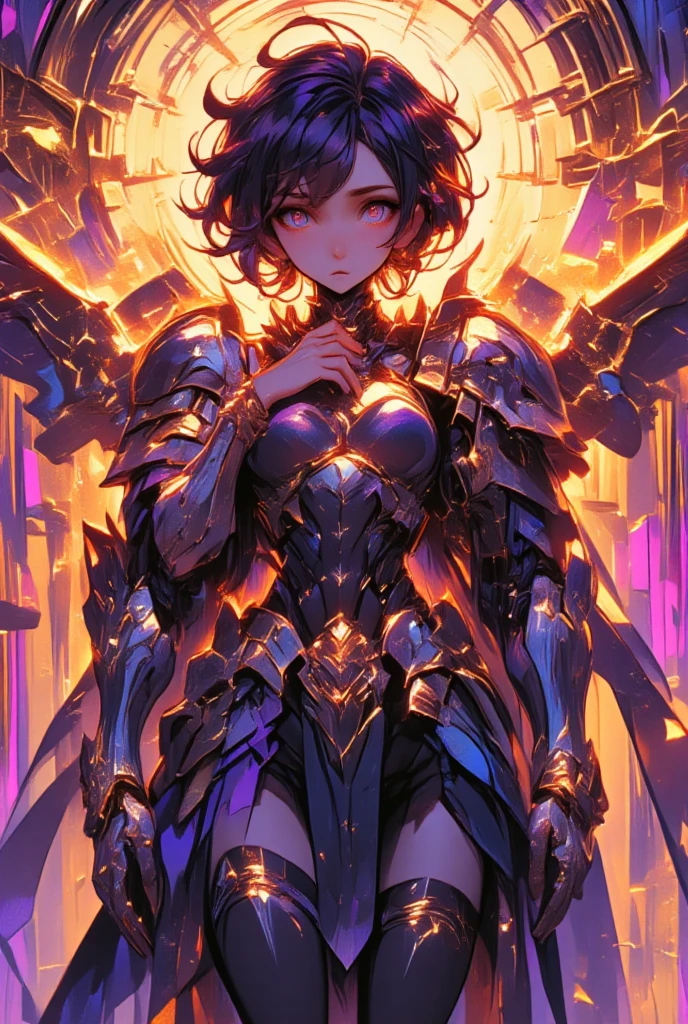 (best quality, masterpiece:1.3), illustration, ((beautiful detailed face)), beautiful detailed skin, intricate details, ultra detailed, (woman ANGEL : armor), SHARINGAN eyes, BLACK AND FIRE hair ESPETADO COM GEL, (worried face:1.2), eye contact, standing in front of GOLD  pink wall, (down focus:1.1), detailed eyes, detailed hands, hands on own body, black stockings, touched face, sacred face, benevolent face, idea face, pouty lips, beautiful detailed eyes, tall, full shot,