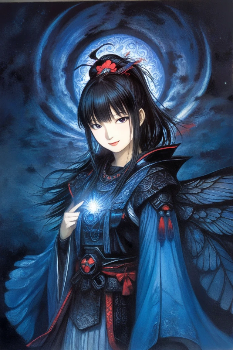 by Yoshitaka Amano, (Broad lighting),  Low Key Lighting, Picturesque, fantasy(  fantasy art , (Yoshitaka Amano)), (Female Android, suzuka nakamoto xl,  dark ponytail hair, smile,  red eyeshadow), (Black Shrine Maiden Clothes, black metallic accent , Wings of Light, Blue light), night, Blue Star,  Masterpiece