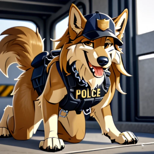 Anthropomorphic furry Long haired wolfdog, tactical k-9 armoured vest, black leather collar, chain collar, badge, police baseball cap, drooling saliva, anthro, furry, all fours, very body fur, three tone fur, Looking at viewer, Smile, Open Mouth, Very Long Hair, saddleback tan and white High Resolution, Accurate, Masterpiece, Anatomically Correct, Best Quality, Award Winning, Detail, High Details, HD, High Quality, Quality, Super Detailed, UHD, 