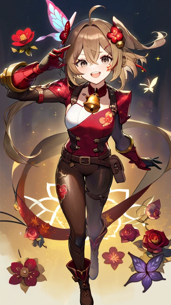 Masterpiece, high_quality, concept_art, (Sparkle), o-ring halterneck, hair ornaments, mole under both eyes, red string, flower tattoo, neck bell, butterfly-shaped pupils, brown gradient hair, chuckle, armor, leather_bodysuit, belt, gloves, boots thief, daggers