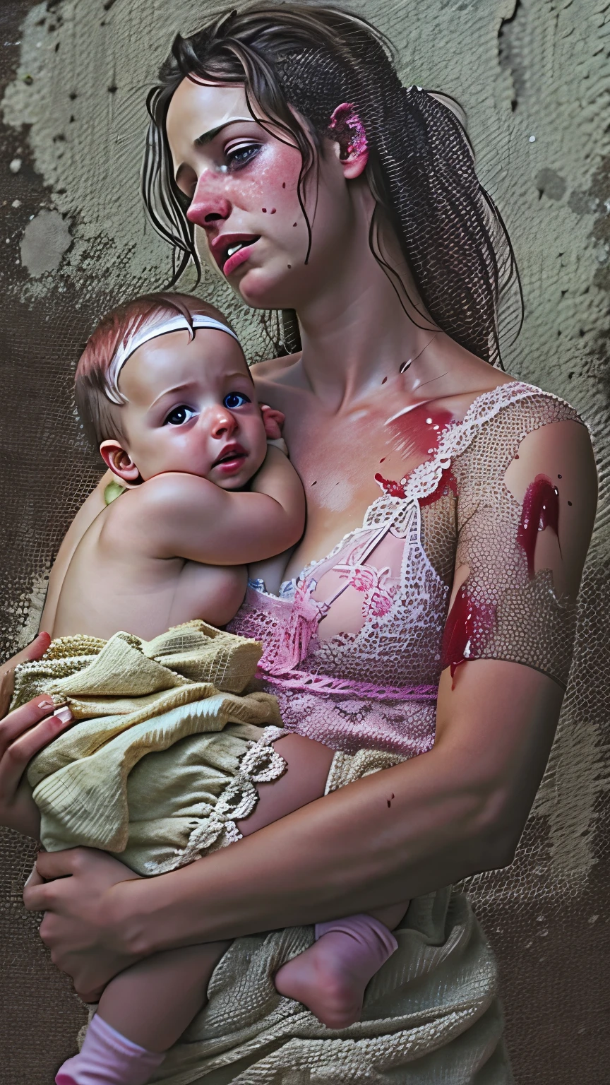 brutal, rough sex, pov, sad, crying, tears, public indecency, lingerie, bruised eye, blood, (teenage mother holding very sad baby girl, presenting), eye contact, partially open clothes, thighs, post-apocalypse,