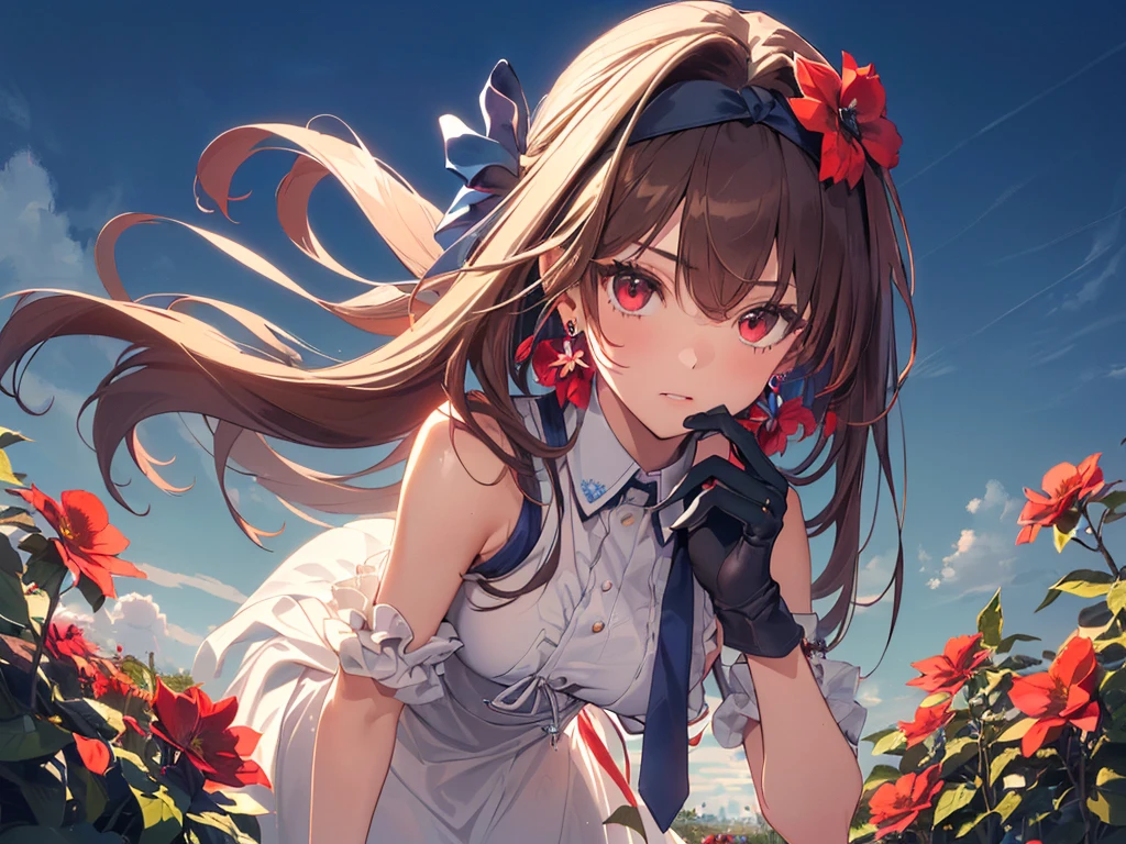 (Solo girl, alone girl:2), (Leaning forward to emphasize upper body:2), (Looking to the side in confusion:2), (Long hair:2), (Hair tied in a large ribbon:2), (Tie:2), (Gorgeous dress with blue high neck collar, black gloves:2), (Red flower hair accessory:2), (Earrings:2), (Surrounded by many red flowers:2), (Sunset sky, sunset, night breeze), (Bust from the side), (((4K, High Resolution, Masterpiece, Accurate, Anatomically Correct, Multiple Awards, Top Quality, Detailed, High Quality, Extremely Detailed, Ultra High Resolution))).